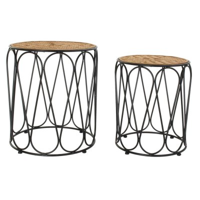 Set van 2 kleine tafels DKD Home Decor 46 x 46 x 52 cm Zwart Metaal Bruin Bamboe